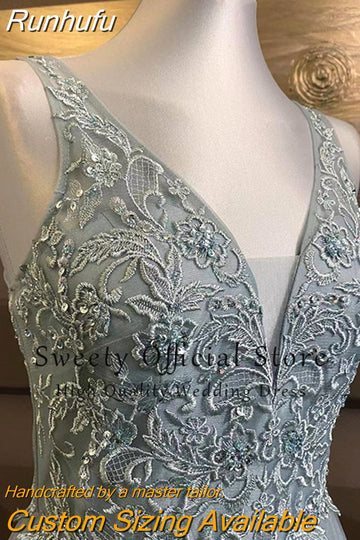 Runhufu A-line Floor Length Evening Dress Lace Organza With Embroidery Prom Dresses V-neck Sleeveless Bride Dress Zipper Robe De